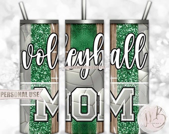 Green Volleyball Mom 20oz Skinny Tumbler Wrap Sublimation Design • Volleyball Net Court Glitter Sport Brush Strokes • DIY Print & Press