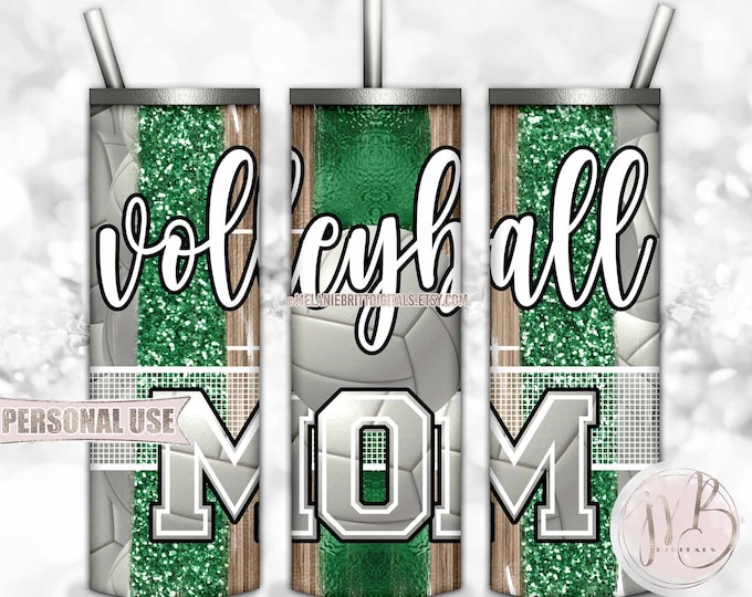 Green Volleyball Mom 20oz Skinny Tumbler Wrap Sublimation Design • Volleyball Net Court Glitter Sport Brush Strokes • DIY Print & Press