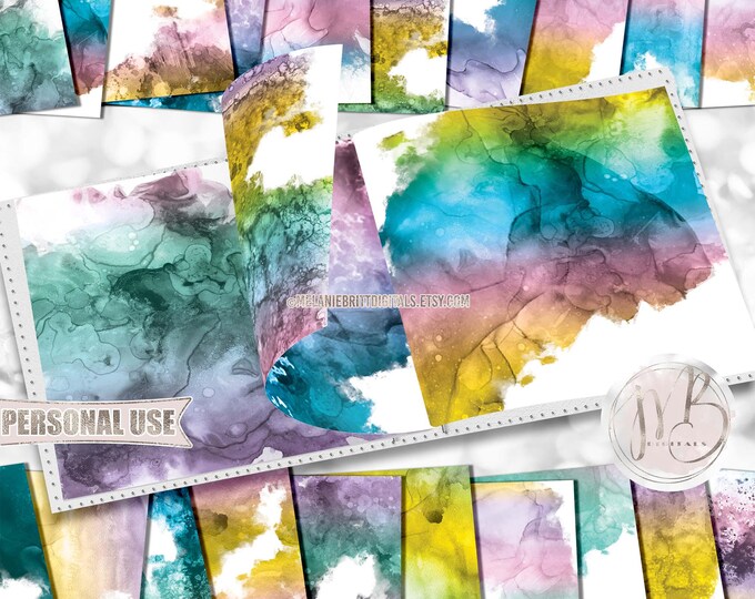 Bright Summer Alcohol Ink Splashes Scrapbook Paper Download • Abstract Fluid Art Inked Design • Printable Paper Crafts 20 12x12 JPG & PDF