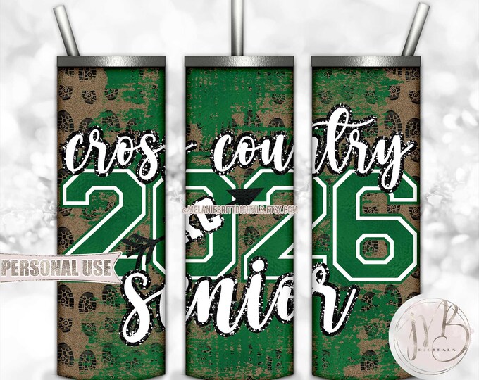 Green Cross Country XC Senior 2026 20oz Skinny Tumbler Wrap Sublimation Design Download • Terrain Endurance Running • DIY Print and Press