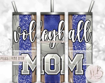 Blue Volleyball Mom 20oz Skinny Tumbler Wrap Sublimation Design • Volleyball Net Court Glitter Sport Brush Strokes • DIY Print & Press
