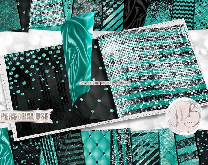 Black and Teal Luxury Scrapbook Paper Download • Luxurious Glitter and Foil • Scrapbooking Printable