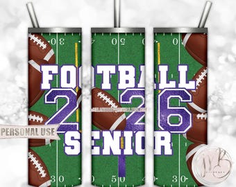 Purple Football Senior 2026 20oz Skinny Tumbler Wrap Sublimation Design Download • Football Field Senior Grad Gift • DIY Print and Press