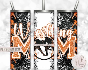 Orange Boy Wrestling Mom 20oz Skinny Tumbler Wrap Sublimation Design • Glitter Varsity Letters Wrestler Mom Gift • DIY Print and Press