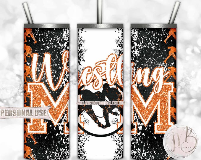 Orange Boy Wrestling Mom 20oz Skinny Tumbler Wrap Sublimation Download • Glitter Varsity Letters Wrestler Mom Gift • DIY Print and Press
