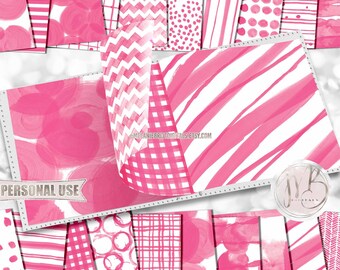 Hot Pink Watercolor Scrapbook Paper Download • Patterned Watercolor Messy Hand Painted Design • Printable Paper Crafts 20 12x12 JPG & PDF