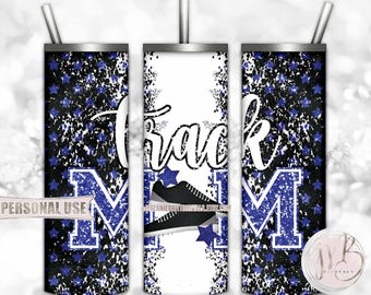 Blue Track Mom 20oz Skinny Tumbler Wrap Sublimation Design Download • Track Shoes Stars Glitter Letters Track Mom Gift • DIY Print and Press