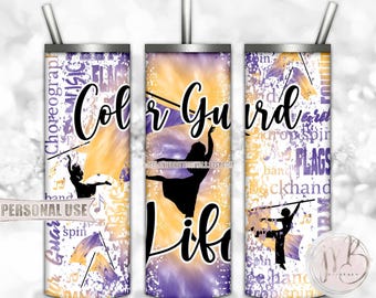 Purple Athletic Gold Tie Dye Color Guard Life 20oz Skinny Tumbler Wrap Sublimation Design • Flag Performance Typography • DIY Print & Press