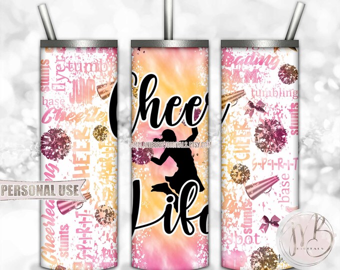 Cheer Life 20oz Skinny Tumbler Wrap Sublimation Download • Pink and Athletic Gold Tie Dye • DIY Print and Press