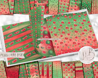 Watermelon Scrapbook Paper Download • Summer Fruit Soft Watercolor Design • Printable Paper Crafts 20 12x12 JPG & PDF