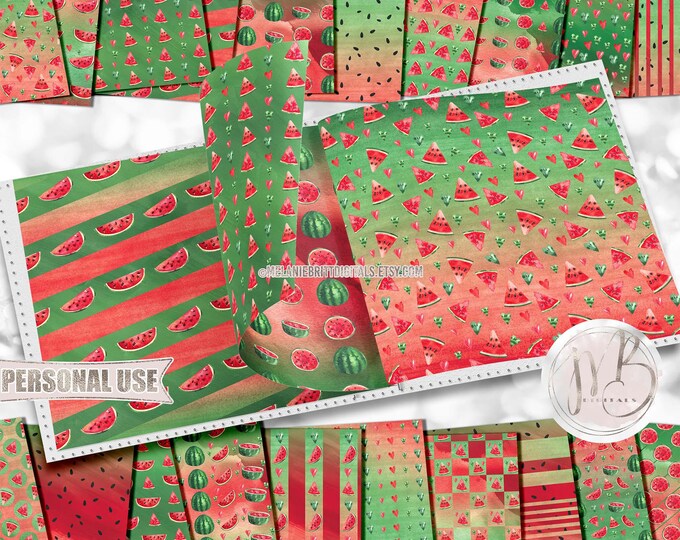 Watermelon Scrapbook Paper Download • Summer Fruit Soft Watercolor Design • Printable Paper Crafts 20 12x12 JPG & PDF