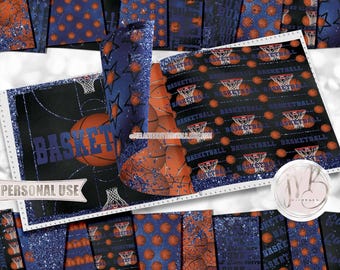 Navy Blue Glam Basketball Scrapbook Paper Download • Glitter and Foil Basketball Court Hoops School Sports • DIY Scrapbooking Printable