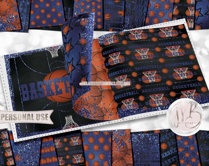 Navy Blue Glam Basketball Scrapbook Paper Download • Glitter and Foil Basketball Court Hoops School Sports • DIY Scrapbooking Printable
