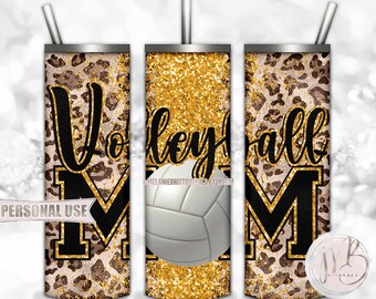 Athletic Gold Glitter Volleyball Mom 20oz Skinny Tumbler Wrap Sublimation Design Download • Classic Leopard Print • DIY Print and Press