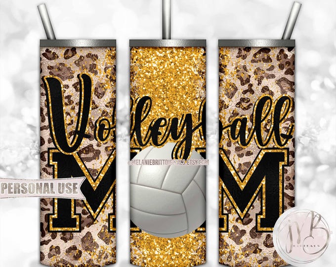 Athletic Gold Glitter Volleyball Mom 20oz Skinny Tumbler Wrap Sublimation Design Download • Classic Leopard Print • DIY Print and Press