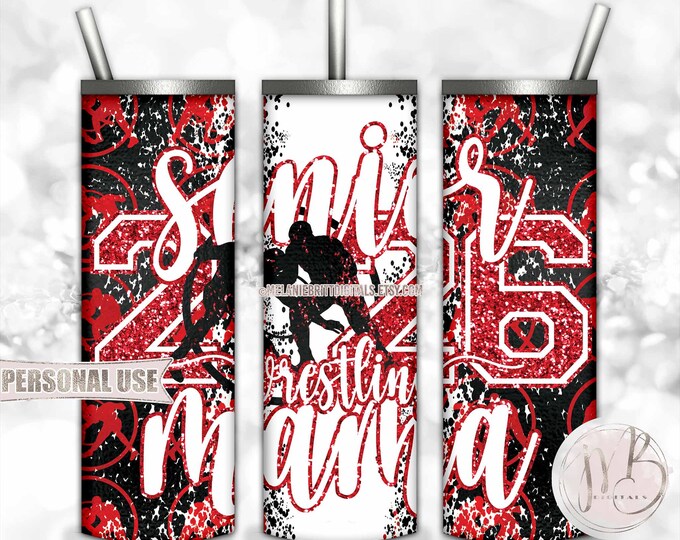 Red Boy Wrestling Senior 2026 Mama 20oz Skinny Tumbler Wrap Sublimation Download • Wrestlers Glitter Wrestling Mama Gift • DIY Print & Press