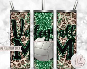 Green Glitter Volleyball Mom 20oz Skinny Tumbler Wrap Sublimation Design Download • Classic Leopard Print • DIY Print and Press
