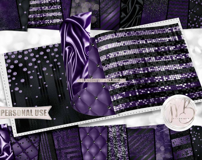 Black and Dark Purple Luxury Scrapbook Paper Download • Luxurious Design Glitter and Foil • DIY Printable Paper Crafts 20 12x12 JPG & PDF