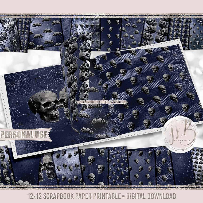 Midnight Blue Glam Skulls Scrapbook Paper Download • Sparkling Glitter and Shimmering Foil • Scrapbooking Printable