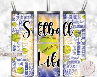 Softball Life 20oz Skinny Tumbler Wrap Sublimation Design • Blue and Athletic Gold Tie Dye Typography Softball Gift • DIY Print and Press