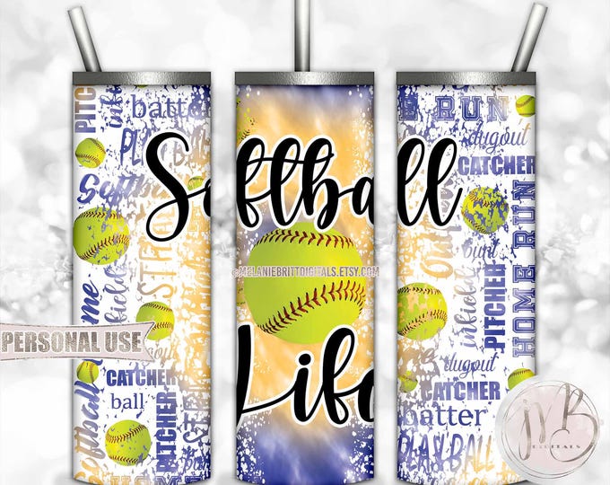 Softball Life 20oz Skinny Tumbler Wrap Sublimation Design • Blue and Athletic Gold Tie Dye Typography Softball Gift • DIY Print and Press