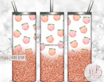 Peachy 20oz Skinny Tumbler Wrap Sublimation Download • Scattered Peaches and Glitter • DIY Print and Press