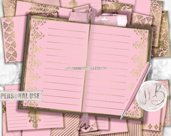 Elegant Junk Journal Pages Download • Pink and Gold Shimmering Foil Damask Formal Memorabilia • Journaling Printable