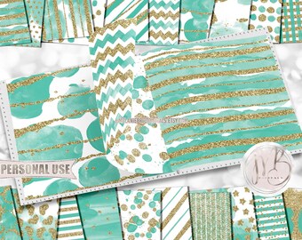 Glam Seafoam Green Watercolor Scrapbook Paper Download • Gold Glitter Patterned Paint Design • DIY Printable Paper Crafts 20 12x12 JPG & PDF