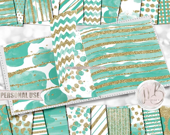 Glam Seafoam Green Watercolor Scrapbook Paper Download • Gold Glitter Patterned Paint Design • DIY Printable Paper Crafts 20 12x12 JPG & PDF