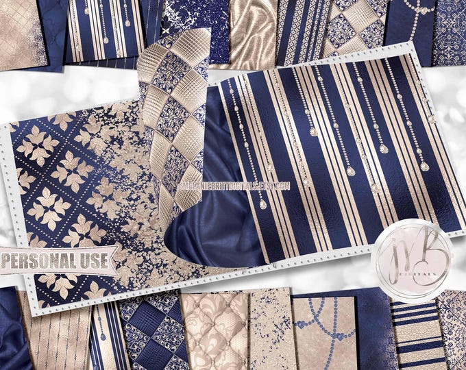 Navy and Champagne Classy Scrapbook Paper Download • Sophisticated Design Diamonds Glitter Foil • Printable Paper Crafts 20 12x12 JPG & PDF