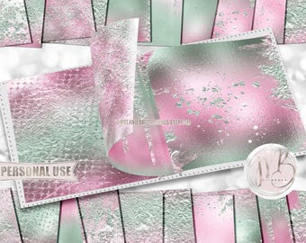 Pink and Mint Green Metallic Flakes Scrapbook Paper Download • Shimmering Foil Flakes Design • DIY Printable Paper Crafts 20 12x12 JPG & PDF