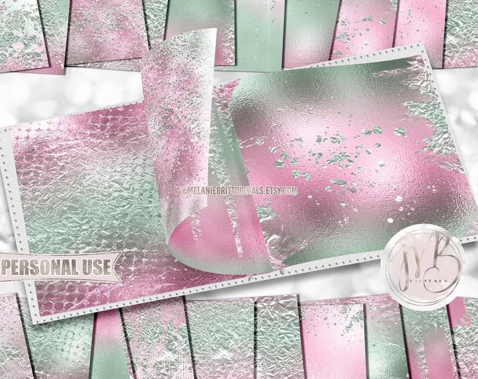 Pink and Mint Green Metallic Flakes Scrapbook Paper Download • Shimmering Foil Flakes Design • DIY Printable Paper Crafts 20 12x12 JPG & PDF