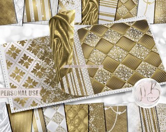 Gold and White Classy Scrapbook Paper Download • Sophisticated Design Diamonds Glitter Foil • DIY Printable Paper Crafts 20 12x12 JPG & PDF