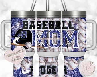 Royal Blue Baseball Mom 40oz Travel Tumbler Wrap Sublimation Download • Personalized Number on Helmet and Name on Bottom • DIY Print & Press