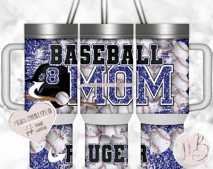 Royal Blue Baseball Mom 40oz Travel Tumbler Wrap Sublimation Download • Personalized Number on Helmet and Name on Bottom • DIY Print & Press