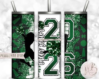 Green Cheer Senior 2026 20oz Skinny Tumbler Wrap Sublimation Design • Pom Poms Megaphone Glitter Cheerleader Gift • DIY Print and Press