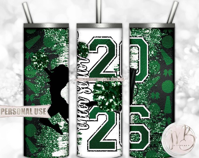 Green Cheer Senior 2026 20oz Skinny Tumbler Wrap Sublimation Design • Pom Poms Megaphone Glitter Cheerleader Gift • DIY Print and Press