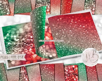 Christmas Ombre Bokeh Glitter Scrapbook Paper Download • Red and Green Sparkling Glitter Design • Printable Paper Crafts 20 12x12 JPG & PDF