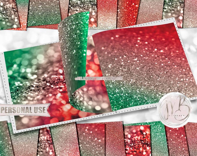 Christmas Ombre Bokeh Glitter Scrapbook Paper Download • Red and Green Sparkling Glitter Design • Printable Paper Crafts 20 12x12 JPG & PDF