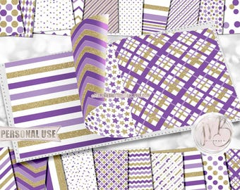 Purple and Gold Classic Scrapbook Paper Download • Patterned Geometric Design with Gold Glitter • Printable Paper Crafts 20 12x12 JPG & PDF