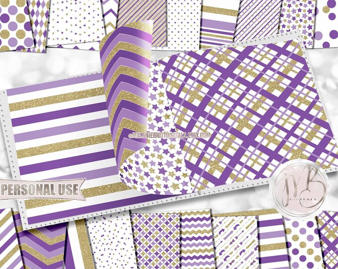 Purple and Gold Classic Scrapbook Paper Download • Patterned Geometric Design with Gold Glitter • Printable Paper Crafts 20 12x12 JPG & PDF