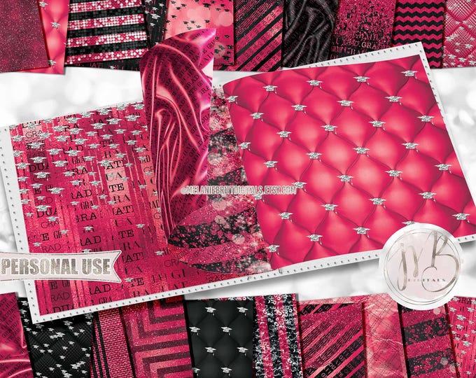 Hot Pink Luxury Graduation Scrapbook Paper Download • Luxurious Diamond Mortarboards • DIY Scrapbooking Printable