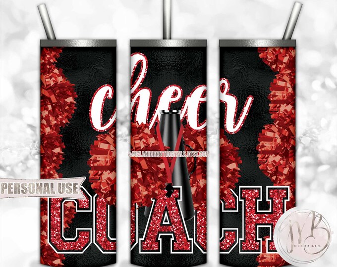 Red Cheer Coach 20oz Skinny Tumbler Wrap Sublimation Design Download • Pom Poms Megaphone Lanyard Whistle Coach Gift • DIY Print and Press