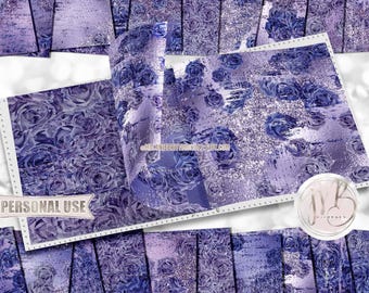 Periwinkle Blue Distressed Roses Scrapbook Paper Download • Ombre Glitter and Foil Design • DIY Printable Paper Crafts 20 12x12 JPG & PDF