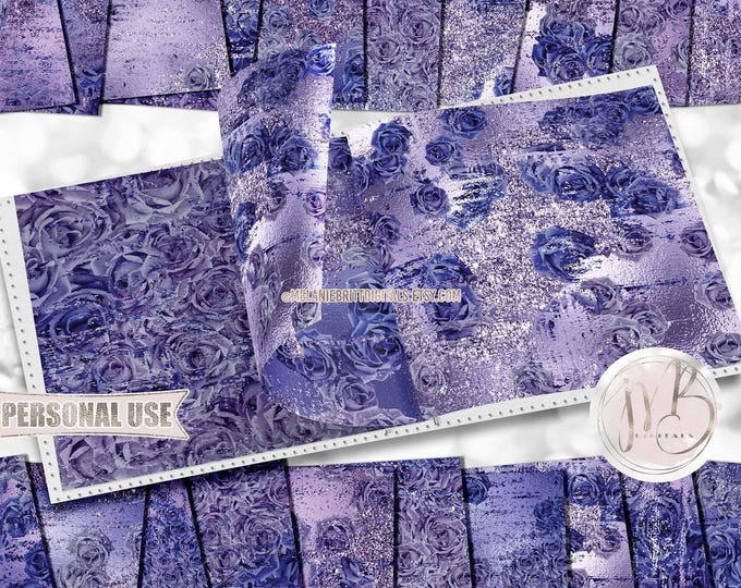 Periwinkle Blue Distressed Roses Scrapbook Paper Download • Ombre Glitter and Foil Design • DIY Printable Paper Crafts 20 12x12 JPG & PDF