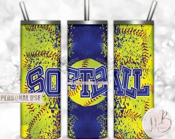 Blue Softball 20oz Skinny Tumbler Wrap Sublimation Design Download • Distressed Softball Collage Sports Tumbler Gift • DIY Print and Press