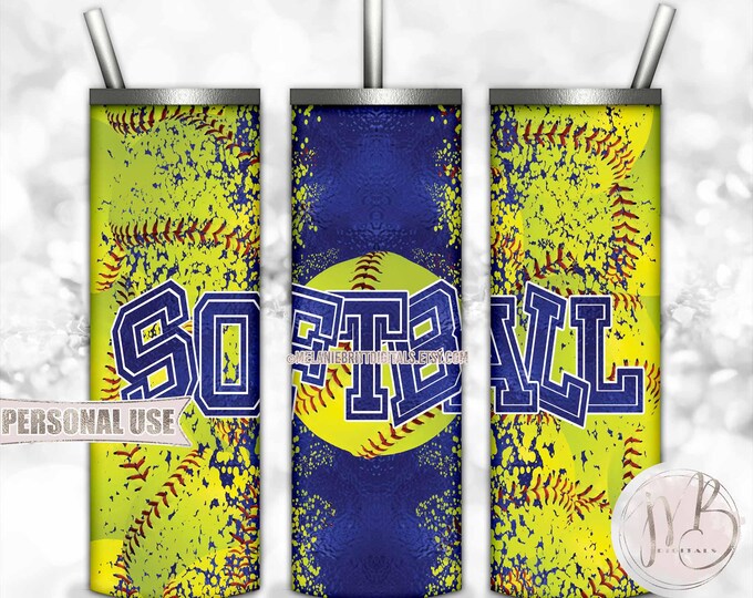 Blue Softball 20oz Skinny Tumbler Wrap Sublimation Design Download • Distressed Softball Collage Sports Tumbler Gift • DIY Print and Press