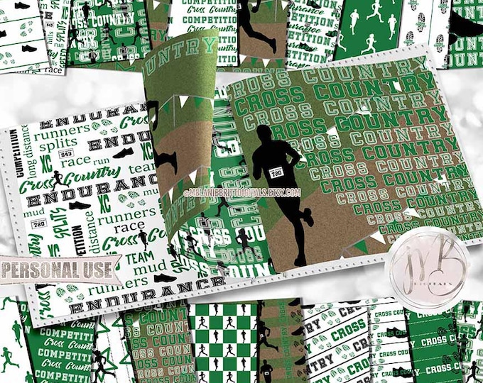 Green Cross Country Scrapbook Paper Download • Boy and Girl XC All Terrain Endurance Running • Scrapbooking Printable