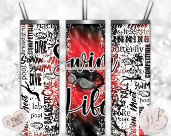 Swim Life 20oz Skinny Tumbler Wrap Sublimation Design Download • Red and Black Tie Dye Swim Goggles Swimmer Swim Team • Sublimation Crafts