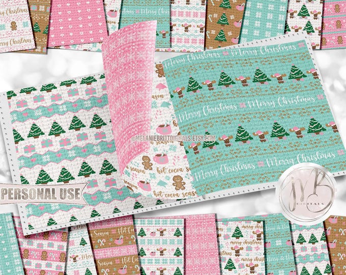 Cute Christmas Sweater Scrapbook Paper Download • Pink and Mint Holiday Patterned Design • Scrapbooking Printable ©2022